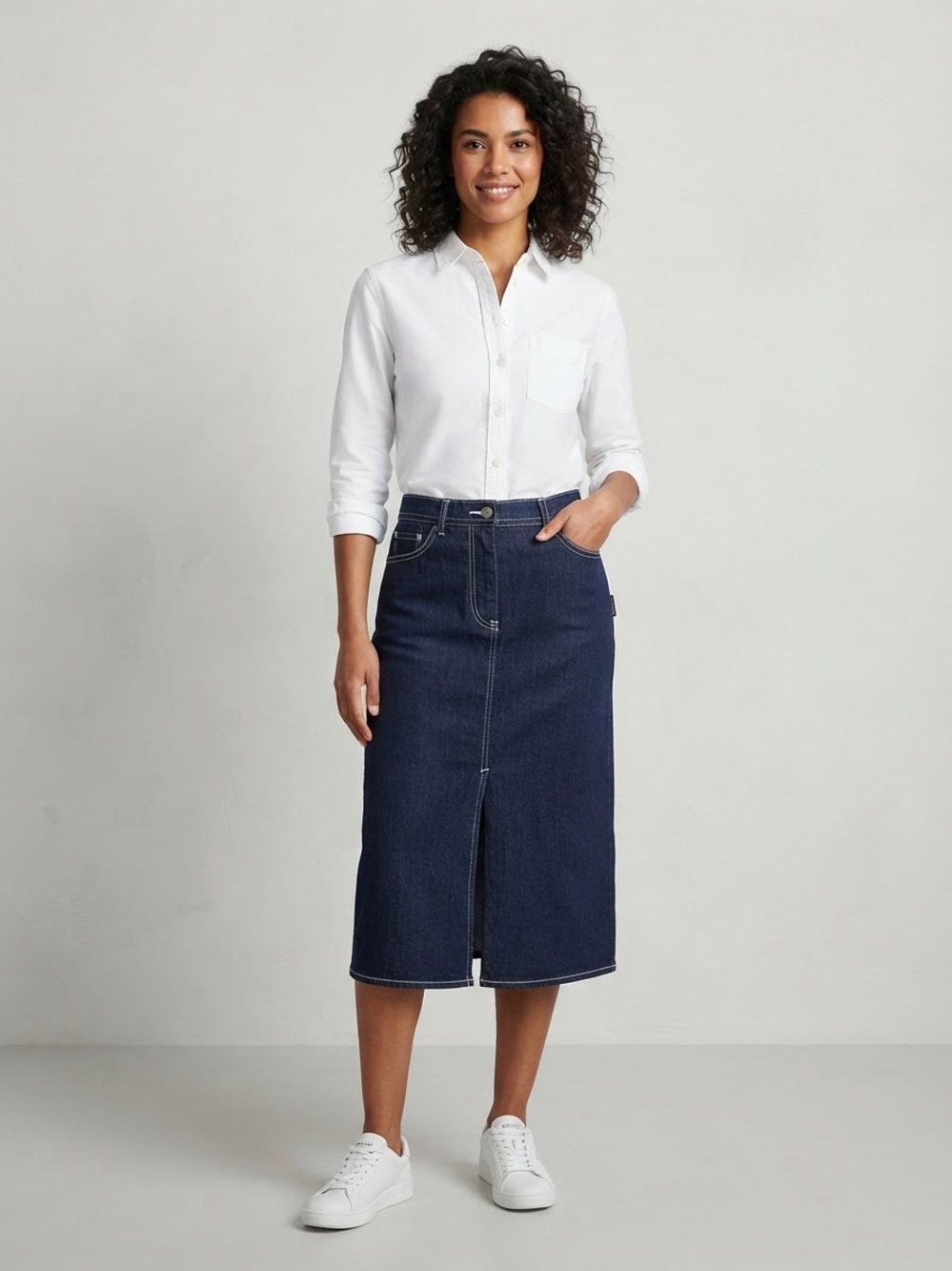 Jordache Dark Indigo Denim Midi Skirt with Front Slit